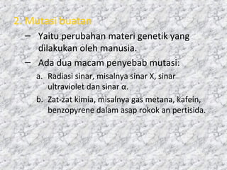 2. Mutasi buatan
– Yaitu perubahan materi genetik yang
dilakukan oleh manusia.
– Ada dua macam penyebab mutasi:
a. Radiasi sinar, misalnya sinar X, sinar
ultraviolet dan sinar α.
b. Zat-zat kimia, misalnya gas metana, kafein,
benzopyrene dalam asap rokok an pertisida.
 