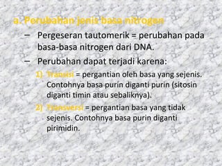 a. Perubahan jenis basa nitrogen
– Pergeseran tautomerik = perubahan pada
basa-basa nitrogen dari DNA.
– Perubahan dapat terjadi karena:
1) Transisi = pergantian oleh basa yang sejenis.
Contohnya basa purin diganti purin (sitosin
diganti timin atau sebaliknya).
2) Transversi = pergantian basa yang tidak
sejenis. Contohnya basa purin diganti
pirimidin.
 