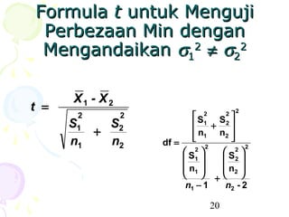 Formula t untuk Menguji
 Perbezaan Min dengan
 Mengandaikan σ12 ≠ σ22

      X1 - X2
t =                                         2
       2        2          S  2
                                   S2 
                                        2
      S1   S2                 1
                                 +    
         +                  n1 n2 
      n1   n2       df =  2          
                                        2 2
                        S 2
                                    S 
                         1         2
                         n1        n2 
                              +       
                         n1 − 1      n2 - 2

                                   20
 