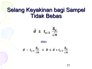 Selang Keyakinan bagi Sampel
        Tidak Bebas

                              Sd
              d ± tα / 2
                                n
                       atau

                  Sd                      Sd
     d − tα / 2        ≤ D ≤ d + tα / 2
                   n                       n



                                           37
 