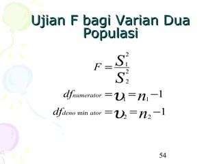 Ujian F bagi Varian Dua
        Populasi
                    2

            F= S    1
                    2
               S    2

     dfnumerator =υ1 = n1 −1
   dfdeno min ator =υ2 = n2 −1



                            54
 