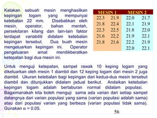 Katakan sebuah mesin menghasilkan
                                              MESIN 1       MESIN 2
kepingan     logam    yang    mempunyai
                                             22.3 21.9     22.0  21.7
ketebalan 22 mm.        Disebabkan oleh
mesin,     operator,   bahan      mentah,    21.8 22.4     22.1  21.9
persekitaran kilang dan lain-lain faktor     22.3 22.5     21.8  22.0
terdapat variabiliti didalam ketebalan       21.6 22.2     21.9  22.1
kepingan tersebut.     Dua buah mesin        21.8 21.6     22.2  21.9
mengeluarkan kepingan ini.       Operator                  22.0  22.1
pengeluaran      amat     menitikberatkan
ketepatan bagi dua mesin ini.

Untuk menguji ketepatan, sampel rawak 10 keping logam yang
dikeluarkan oleh mesin 1 diambil dan 12 keping logam dari mesin 2 juga
diambil. Ukuran ketebalan bagi kepingan dari kedua-dua mesin tersebut
diambil dan ditunjukkan didalam jadual berikut. Andaikan ketebalan
kepingan logam adalah bertaburan normal didalam populasi.
Bagaimanakah kita boleh menguji sama ada varian dari setiap sampel
datangnya dari varian populasi yang sama (varian populasi adalah sama)
atau dari populasi varian yang berbeza (varian populasi tidak sama).
Gunakan α = 0.05.
                                                     56
 