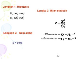 Langkah 1: Hipotesis
                         Langka 3: Ujian statistik
     H 0 :σ = σ
            2
            1
                   2
                   2

     H a : σ 12 ≠ σ 2
                    2
                                               2

                                        F = S1
                                             2
                                              S2
Langkah 2: Nilai alpha         dfnumerator = υ = n1 − 1
                                              1

                            dfdeno min ator = υ = n2 − 1
                                               2

       α = 0.05



                                         57
 