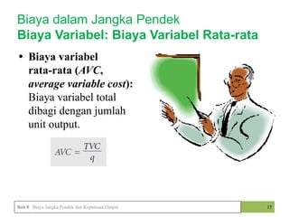 • Biaya variabel
rata-rata (AVC,
average variable cost):
Biaya variabel total
dibagi dengan jumlah
unit output.
• ?
15
Biaya dalam Jangka Pendek
Biaya Variabel: Biaya Variabel Rata-rata
Bab 8 Biaya Jangka Pendek dan Keputusan Output
 