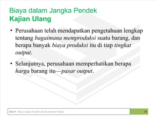 • Perusahaan telah mendapatkan pengetahuan lengkap
tentang bagaimana memproduksi suatu barang, dan
berapa banyak biaya produksi itu di tiap tingkat
output.
• Selanjutnya, perusahaan memperhatikan berapa
harga barang itu—pasar output.
20
Biaya dalam Jangka Pendek
Kajian Ulang
Bab 8 Biaya Jangka Pendek dan Keputusan Output
 