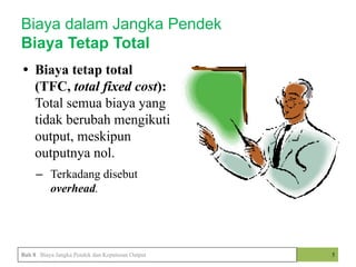 • Biaya tetap total
(TFC, total fixed cost):
Total semua biaya yang
tidak berubah mengikuti
output, meskipun
outputnya nol.
– Terkadang disebut
overhead.
5
Biaya dalam Jangka Pendek
Biaya Tetap Total
Bab 8 Biaya Jangka Pendek dan Keputusan Output
 