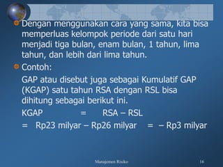 Manajemen Risiko 16
Dengan menggunakan cara yang sama, kita bisa
memperluas kelompok periode dari satu hari
menjadi tiga bulan, enam bulan, 1 tahun, lima
tahun, dan lebih dari lima tahun.
Contoh:
GAP atau disebut juga sebagai Kumulatif GAP
(KGAP) satu tahun RSA dengan RSL bisa
dihitung sebagai berikut ini.
KGAP = RSA – RSL
= Rp23 milyar – Rp26 milyar = – Rp3 milyar
 
