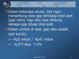 Manajemen Risiko 17
Dalam beberapa situasi, kita ingin
menghitung rasio gap terhadap total aset
(gap ratio). Gap ratio bisa dihitung
sebagai gap dibagi total aset.
Dalam contoh di atas, gap ratio adalah
GAP RATIO:
= –Rp3 milyar / Rp41 milyar
= -0,073 atau -7,3%
 
