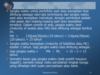 Manajemen Risiko 25
Jangka waktu untuk portofolio aset atau kewajiban bisa
dihitung sebagai rata-rata tertimbang dari jangka waktu
aset atau kewajiban individual, dengan pembobot adalah
nilai pasar dari masing-masing aset atau kewajiban
tersebut. Dalam contoh di atas, jangka waktu aset
(maturity of assets atau MA) bisa dihitung sebagai berikut
ini.
MA = (10juta/20juta) (10 tahun) + (10juta/20juta)
(20 tahun) = 15 tahun
Jangka waktu kewajiban (maturity of liabilities atau ML)
adalah 2 tahun. Gap jangka waktu bisa dihitung sebagai:
Gap jangka waktu = MA – ML = 15 – 2 = 13
tahun
Semakin besar gap jangka waktu (baik positif maupun
negatif), semakin besar risiko perubahan tingkat bunga
yang dihadapi oleh suatu perusahaan atau bank.
 