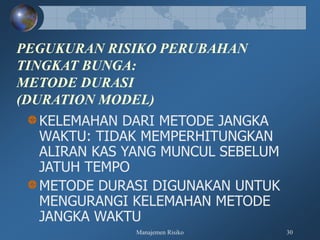 Manajemen Risiko 30
PEGUKURAN RISIKO PERUBAHAN
TINGKAT BUNGA:
METODE DURASI
(DURATION MODEL)
KELEMAHAN DARI METODE JANGKA
WAKTU: TIDAK MEMPERHITUNGKAN
ALIRAN KAS YANG MUNCUL SEBELUM
JATUH TEMPO
METODE DURASI DIGUNAKAN UNTUK
MENGURANGI KELEMAHAN METODE
JANGKA WAKTU
 