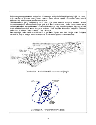 Atom mengandungi neukleus yang mana di dalamnya terdapat Proton yang mempunyai cas positif,
Proton-proton ini pula di kelilingi oleh Elektron yang bercas negatif. Atom-atom yang neutral
mengandungi sama banyak Proton dan Elektron.
Elektron-elektron yang mengelilingi Atom dan juga jarak elektron daripada Nukleus adalah
bergantung kepada jenis-jenis atomnya, jika jarak kedudukanya jauh, maka kuasa tarikan yang
sedikit di kenakan, oleh kerana kedudukannya yang sangat jauh daripada Nukleus, dengan mudah
nukleus boleh tercampak keluar daripada Atomnya untuk pergi ke Atom-atom yang lain. Elektron-
elektron ini di panggil Elektron bebas ( Free Electrons ).
Jika sekiranya Elektron-elektrons bebas ini di gerakkan kepada satu hala sahaja, maka kita akan
dapati apa yang di panggil Aliran arus elektrik, di mana unitnya dikira dalam Ampere.




                    Gambarajah 1.7 Elektron bebas di dalam suatu pengalir




                          Gambarajah 1.8 Pergerakan elektron bebas



                                               6
 