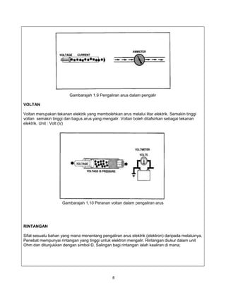 Gambarajah 1.9 Pengaliran arus dalam pengalir

VOLTAN

Voltan merupakan tekanan elektrik yang membolehkan arus melalui litar elektrik. Semakin tinggi
voltan semakin tinggi dan bagus arus yang mengalir. Voltan boleh ditafsirkan sebagai tekanan
elektrik. Unit : Volt (V)




                     Gambarajah 1.10 Peranan voltan dalam pengaliran arus




RINTANGAN

Sifat sesuatu bahan yang mana menentang pengaliran arus elektrik (elektron) daripada melaluinya.
Penebat mempunyai rintangan yang tinggi untuk elektron mengalir. Rintangan diukur dalam unit
Ohm dan ditunjukkan dengan simbol Ω. Salingan bagi rintangan ialah kealiran di mana;




                                                8
 