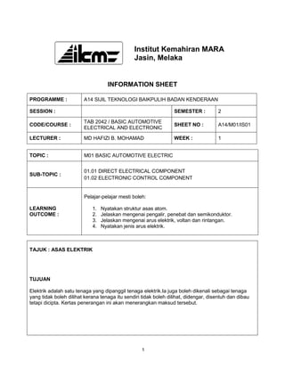Institut Kemahiran MARA
                                               Jasin, Melaka


                                   INFORMATION SHEET

PROGRAMME :             A14 SIJIL TEKNOLOGI BAIKPULIH BADAN KENDERAAN

SESSION :                                                        SEMESTER :          2

                        TAB 2042 / BASIC AUTOMOTIVE
CODE/COURSE :                                                    SHEET NO :          A14/M01/IS01
                        ELECTRICAL AND ELECTRONIC

LECTURER :              MD HAFIZI B. MOHAMAD                     WEEK :              1


TOPIC :                 M01 BASIC AUTOMOTIVE ELECTRIC


                        01.01 DIRECT ELECTRICAL COMPONENT
SUB-TOPIC :
                        01.02 ELECTRONIC CONTROL COMPONENT


                        Pelajar-pelajar mesti boleh:

LEARNING                    1.   Nyatakan struktur asas atom.
OUTCOME :                   2.   Jelaskan mengenai pengalir, penebat dan semikonduktor.
                            3.   Jelaskan mengenai arus elektrik, voltan dan rintangan.
                            4.   Nyatakan jenis arus elektrik.



TAJUK : ASAS ELEKTRIK




TUJUAN

Elektrik adalah satu tenaga yang dipanggil tenaga elektrik.Ia juga boleh dikenali sebagai tenaga
yang tidak boleh dilihat kerana tenaga itu sendiri tidak boleh dilihat, didengar, disentuh dan dibau
tetapi dicipta. Kertas penerangan ini akan menerangkan maksud tersebut.




                                                   1
 