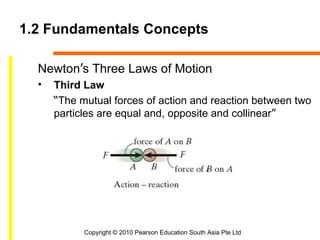1.2 Fundamentals Concepts

  Newton’s Three Laws of Motion
  •   Third Law
      “The mutual forces of action and reaction between two
      particles are equal and, opposite and collinear”




            Copyright © 2010 Pearson Education South Asia Pte Ltd
 