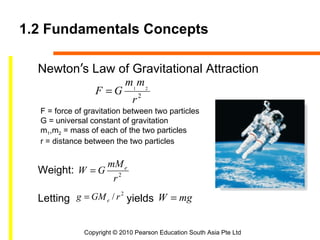 1.2 Fundamentals Concepts

  Newton’s Law of Gravitational Attraction
                           m1 m 2
                 F =G
                              r2
  F = force of gravitation between two particles
  G = universal constant of gravitation
  m1,m2 = mass of each of the two particles
  r = distance between the two particles

               mM e
  Weight: W = G 2
                r
  Letting g = GM e / r 2 yields W = mg


              Copyright © 2010 Pearson Education South Asia Pte Ltd
 
