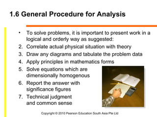 1.6 General Procedure for Analysis

  •    To solve problems, it is important to present work in a
       logical and orderly way as suggested:
  2.   Correlate actual physical situation with theory
  3.   Draw any diagrams and tabulate the problem data
  4.   Apply principles in mathematics forms
  5.   Solve equations which are
       dimensionally homogenous
  6.   Report the answer with
       significance figures
  7.   Technical judgment
       and common sense
             Copyright © 2010 Pearson Education South Asia Pte Ltd
 