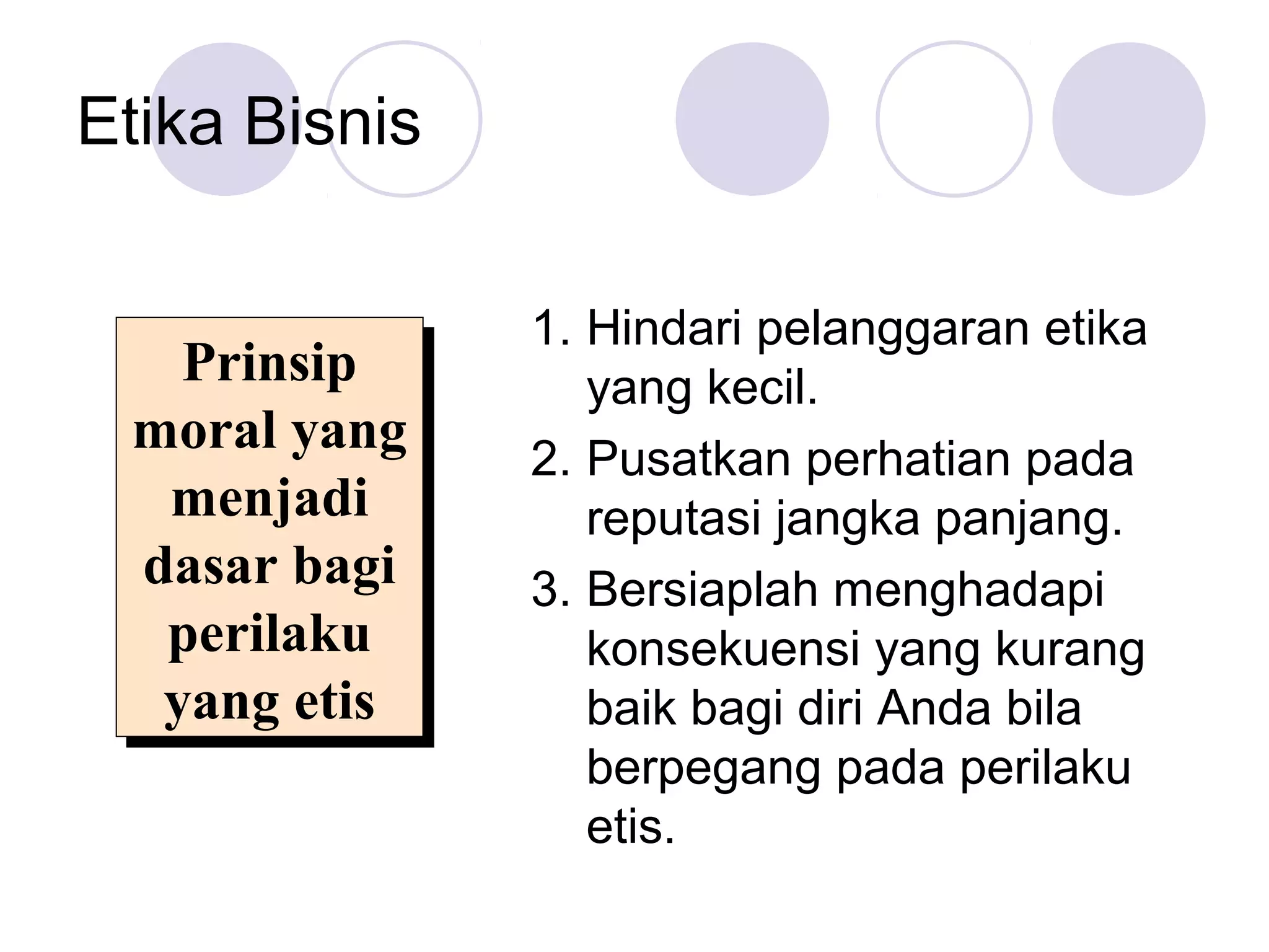 Etika Bisnis

               1. Hindari pelanggaran etika
   Prinsip
   Prinsip        yang kecil.
 moral yang
 moral yang    2. Pusatkan perhatian pada
  menjadi
   menjadi        reputasi jangka panjang.
 dasar bagi
 dasar bagi    3. Bersiaplah menghadapi
  perilaku
   perilaku       konsekuensi yang kurang
  yang etis
  yang etis       baik bagi diri Anda bila
                  berpegang pada perilaku
                  etis.
 