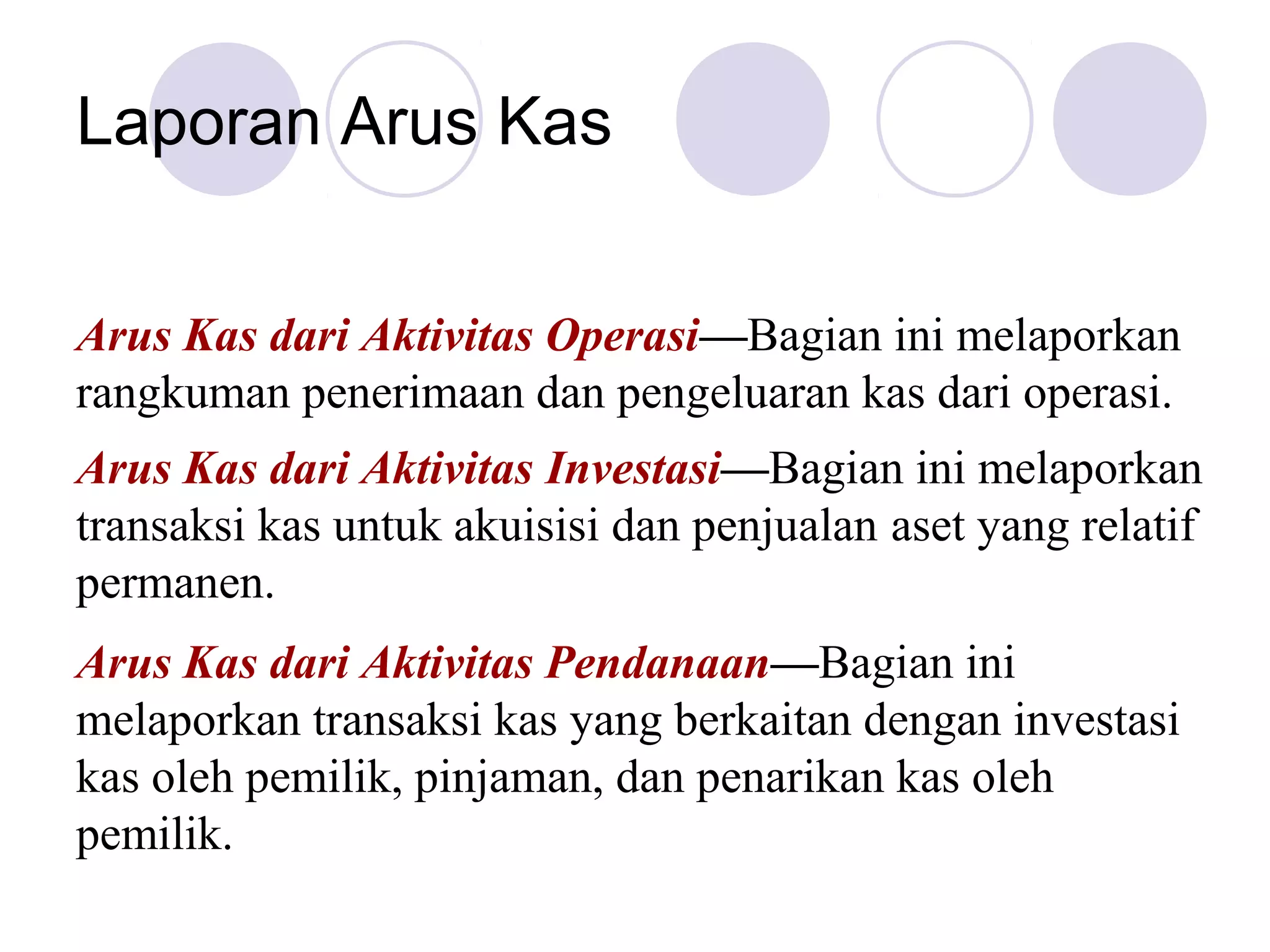 Laporan Arus Kas


Arus Kas dari Aktivitas Operasi—Bagian ini melaporkan
rangkuman penerimaan dan pengeluaran kas dari operasi.
Arus Kas dari Aktivitas Investasi—Bagian ini melaporkan
transaksi kas untuk akuisisi dan penjualan aset yang relatif
permanen.
Arus Kas dari Aktivitas Pendanaan—Bagian ini
melaporkan transaksi kas yang berkaitan dengan investasi
kas oleh pemilik, pinjaman, dan penarikan kas oleh
pemilik.
 