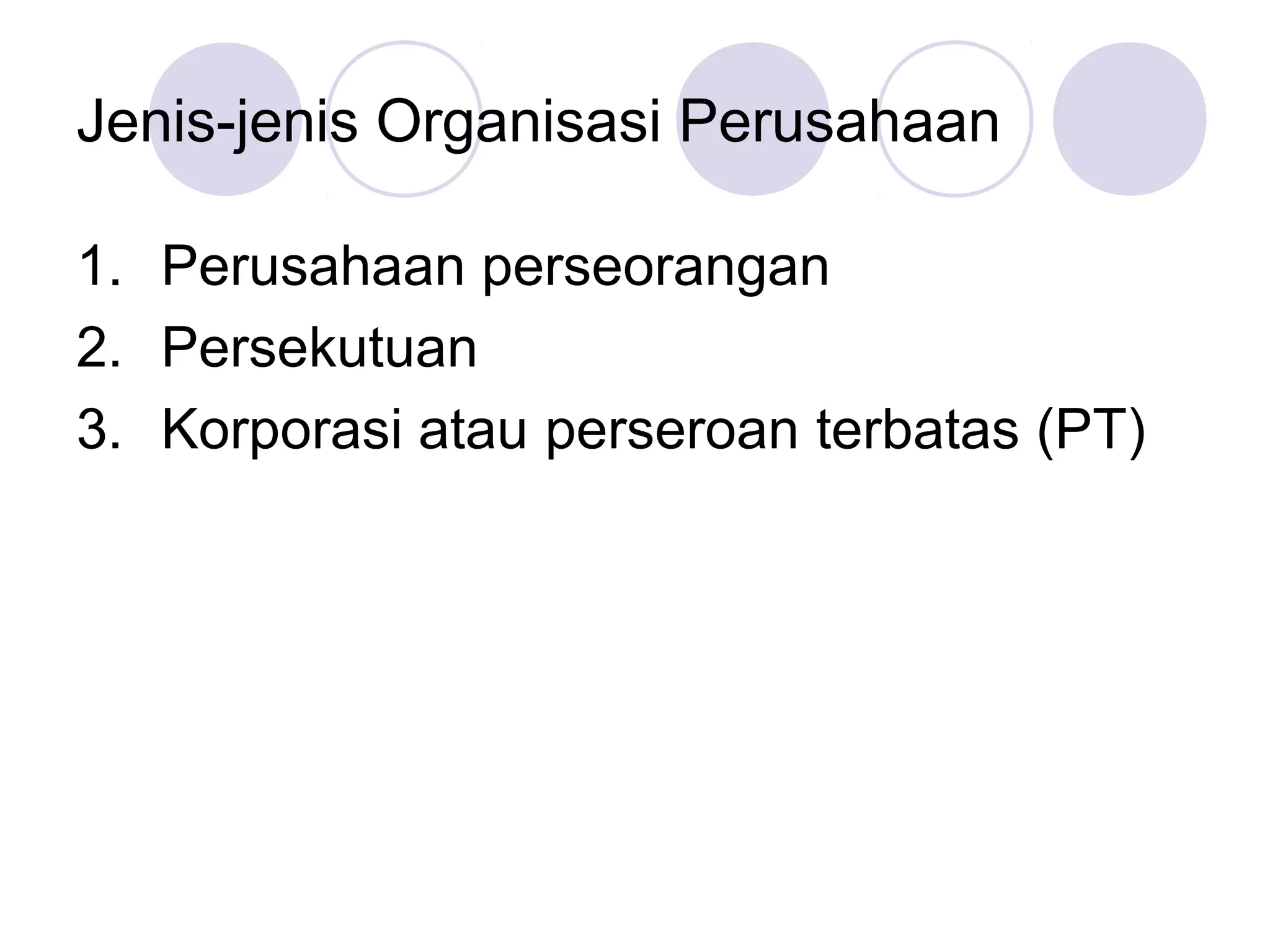Jenis-jenis Organisasi Perusahaan

1. Perusahaan perseorangan
2. Persekutuan
3. Korporasi atau perseroan terbatas (PT)
 