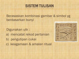    Berasaskan kombinasi gambar & simbol yg
    berdasarkan bunyi

   Digunakan utk :
    a) mencatat rekod pertanian
    b) pengutipan cukai
    c) keagamaan & amalan ritual
 