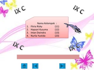 Nama Kelompok :
1.   Fitria Rizky        (11)
2.   Hapsari Kusuma      (12)
3.   Intan Dwindra       (13)
4.   Nurlia Yustida      (23)




               Loading ....
 