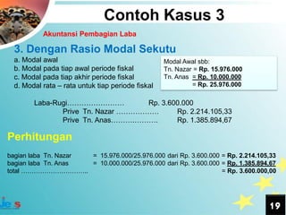 Contoh Kasus 3
           Akuntansi Pembagian Laba

  3. Dengan Rasio Modal Sekutu
  a. Modal awal                                    Modal Awal sbb:
  b. Modal pada tiap awal periode fiskal           Tn. Nazar = Rp. 15.976.000
  c. Modal pada tiap akhir periode fiskal          Tn. Anas = Rp. 10.000.000
  d. Modal rata – rata untuk tiap periode fiskal            = Rp. 25.976.000

        Laba-Rugi……………………           Rp. 3.600.000
               Prive Tn. Nazar ………………       Rp. 2.214.105,33
               Prive Tn. Anas……….……….       Rp. 1.385.894,67

Perhitungan
bagian laba Tn. Nazar = 15.976.000/25.976.000 dari Rp. 3.600.000 = Rp. 2.214.105,33
bagian laba Tn. Anas  = 10.000.000/25.976.000 dari Rp. 3.600.000 = Rp. 1.385.894,67
total …………………………..                                               = Rp. 3.600.000,00




                                                                                19
 