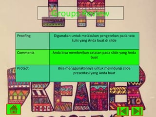 Groups Review
Proofing

Comments

Protect

Digunakan untuk melakukan pengecekan pada tata
tulis yang Anda buat di slide
Anda bisa memberikan catatan pada slide yang Anda
buat
Bisa menggunakannya untuk melindungi slide
presentasi yang Anda buat

 