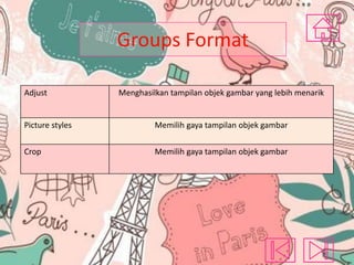 Groups Format
Adjust

Menghasilkan tampilan objek gambar yang lebih menarik

Picture styles

Memilih gaya tampilan objek gambar

Crop

Memilih gaya tampilan objek gambar

 