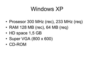 Windows XP 
• Prosesor 300 MHz (rec), 233 MHz (req) 
• RAM 128 MB (rec), 64 MB (req) 
• HD space 1,5 GB 
• Super VGA (800 x 600) 
• CD-ROM 
 