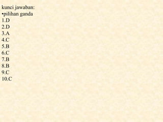 kunci jawaban: 
•pilihan ganda 
1.D 
2.D 
3.A 
4.C 
5.B 
6.C 
7.B 
8.B 
9.C 
10.C 
 