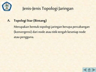 Jenis-Jenis Topologi Jaringan 
A. Topologi Star (Bintang) 
Merupakan bentuk topologi jaringan berupa percabangan 
(konvergensi) dari node atau titik tengah kesetiap node 
atau pengguna. 
 