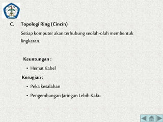 C. Topologi Ring (Cincin) 
Setiap komputer akan terhubung seolah-olah membentuk 
lingkaran. 
Keuntungan : 
• Hemat Kabel 
Kerugian : 
• Peka kesalahan 
• Pengembangan Jaringan Lebih Kaku 
 