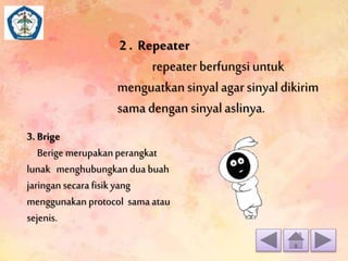 2 . Repeater 
repeater berfungsi untuk 
menguatkan sinyal agar sinyal dikirim 
sama dengan sinyal aslinya. 
3. Brige 
Berige merupakan perangkat 
lunak menghubungkan dua buah 
jaringan secara fisik yang 
menggunakan protocol sama atau 
sejenis. 
 