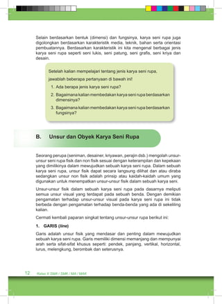 Selain berdasarkan bentuk (dimensi) dan fungsinya, karya seni rupa juga 
digolongkan berdasarkan karakteristik media, teknik, bahan serta orientasi 
pembuatannya. Berdasarkan karakteristik ini kita mengenal berbagai jenis 
karya seni rupa seperti seni lukis, seni patung, seni grafis, seni kriya dan 
desain. 
Setelah kalian mempelajari tentang jenis karya seni rupa, 
jawablah beberapa pertanyaan di bawah ini! 
1. Ada berapa jenis karya seni rupa? 
2. Bagaimana kalian membedakan karya seni rupa berdasarkan 
dimensinya? 
3. Bagaimana kalian membedakan karya seni rupa berdasarkan 
fungsinya? 
B. Unsur dan Obyek Karya Seni Rupa 
Seorang perupa (seniman, desainer, kriyawan, perajin dsb.) mengolah unsur-unsur 
seni rupa fisik dan non fisik sesuai dengan keterampilan dan kepekaan 
yang dimilikinya dalam mewujudkan sebuah karya seni rupa. Dalam sebuah 
karya seni rupa, unsur fisik dapat secara langsung dilihat dan atau diraba 
sedangkan unsur non fisik adalah prinsip atau kaidah-kaidah umum yang 
digunakan untuk menempatkan unsur-unsur fisik dalam sebuah karya seni. 
Unsur-unsur fisik dalam sebuah karya seni rupa pada dasarnya meliputi 
semua unsur visual yang terdapat pada sebuah benda. Dengan demikian 
pengamatan terhadap unsur-unsur visual pada karya seni rupa ini tidak 
berbeda dengan pengamatan terhadap benda-benda yang ada di sekeliling 
kalian. 
Cermati kembali paparan singkat tentang unsur-unsur rupa berikut ini: 
1. GARIS (line) 
Garis adalah unsur fisik yang mendasar dan penting dalam mewujudkan 
sebuah karya seni rupa. Garis memiliki dimensi memanjang dan mempunyai 
arah serta sifat-sifat khusus seperti: pendek, panjang, vertikal, horizontal, 
lurus, melengkung, berombak dan seterusnya. 
12 Kelas X SMA / SMK / MA / MAK 
 