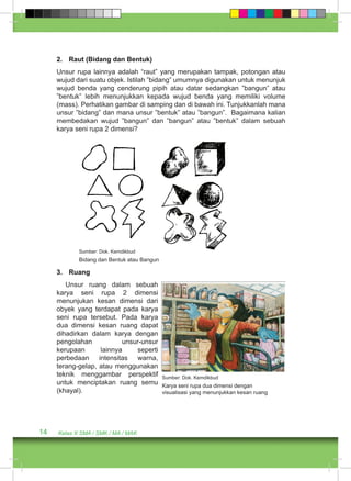2. Raut (Bidang dan Bentuk) 
Unsur rupa lainnya adalah “raut” yang merupakan tampak, potongan atau 
wujud dari suatu objek. Istilah ”bidang” umumnya digunakan untuk menunjuk 
wujud benda yang cenderung pipih atau datar sedangkan ”bangun” atau 
”bentuk” lebih menunjukkan kepada wujud benda yang memiliki volume 
(mass). Perhatikan gambar di samping dan di bawah ini. Tunjukkanlah mana 
unsur ”bidang” dan mana unsur ”bentuk” atau ”bangun”. Bagaimana kalian 
membedakan wujud ”bangun” dan ”bangun” atau ”bentuk” dalam sebuah 
karya seni rupa 2 dimensi? 
Sumber: Dok. Kemdikbud 
Bidang dan Bentuk atau Bangun 
3. Ruang 
Unsur ruang dalam sebuah 
karya seni rupa 2 dimensi 
menunjukan kesan dimensi dari 
obyek yang terdapat pada karya 
seni rupa tersebut. Pada karya 
dua dimensi kesan ruang dapat 
dihadirkan dalam karya dengan 
pengolahan unsur-unsur 
kerupaan lainnya seperti 
perbedaan intensitas warna, 
terang-gelap, atau menggunakan 
teknik menggambar perspektif 
untuk menciptakan ruang semu 
(khayal). 
14 Kelas X SMA / SMK / MA / MAK 
Sumber: Dok. Kemdikbud 
Karya seni rupa dua dimensi dengan 
visualisasi yang menunjukkan kesan ruang 
 
