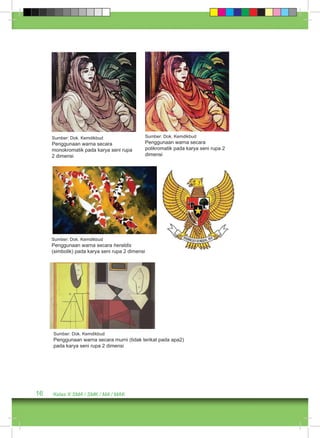 16 Kelas X SMA / SMK / MA / MAK 
Sumber: Dok. Kemdikbud 
Penggunaan warna secara 
polikromatik pada karya seni rupa 2 
dimensi 
Sumber: Dok. Kemdikbud 
Penggunaan warna secara 
monokromatik pada karya seni rupa 
2 dimensi 
Sumber: Dok. Kemdikbud 
Penggunaan warna secara heraldis 
(simbolik) pada karya seni rupa 2 dimensi 
Sumber: Dok. Kemdikbud 
Penggunaan warna secara murni (tidak terikat pada apa2) 
pada karya seni rupa 2 dimensi 
 