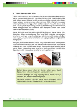 3. Teknik Berkarya Seni Rupa 
Dalam membuat karya seni rupa murni atau terapan dibutuhkan keterampilan 
teknis menggunakan alat dan mengolah bahan untuk mewujudkan objek 
pada bidang garap. Sebagai contoh, untuk mewujudkan sebuah objek dalam 
karya lukisan, seorang perupa atau seniman lukis dituntut menguasai 
keterampilan teknis menggunakan alat (kuas) dan mengolah bahan (cat) 
pada kanvas (medium). Seorang pematung dituntut menguasai keterampilan 
teknis menggunakan alat memahat dan mengolah bahan kayu untuk 
mewujudkan karya seni patung. 
Karya seni rupa ada juga yang dinamai berdasarkan teknik utama yang 
digunakan dalam pembuatannya. Seni kriya Batik misalnya, menunjukkan 
jenis karya seni rupa yang dibuat dengan teknik membatik, begitu pula Seni 
kriya anyam, untuk menamai jenis karya seni rupa yang dibuat dengan teknik 
menganyam. 
Beragam jenis dan karakteristik bahan yang digunakan dalam berkarya seni 
rupa memerlukan beragam alat dan teknik untuk mengolahnya. Suatu teknik 
berkarya seni rupa mungkin saja secara khusus digunakan sebagai teknik 
utama dalam mewujudkan satu jenis karya seni rupa tetapi mungkin juga 
digunakan untuk mewujudkan jenis karya seni rupa lainnya. 
Carilah bahan-bahan alam di daerah kalian yang dapat 
dipergunakan untuk berkarya seni rupa dua dimensi. 
Sebutkan berbagai alat yang dapat digunakan dalam berkarya 
seni rupa dua dimensi beserta fungsinya. 
Identifikasi masalah beragam teknik yang digunakan untuk 
mewujudkan beragam jenis karya seni rupa dua dimensi. 
24 Kelas X SMA / SMK / MA / MAK 
 
