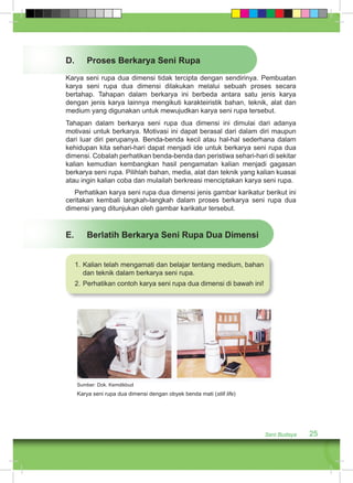 D. Proses Berkarya Seni Rupa 
Karya seni rupa dua dimensi tidak tercipta dengan sendirinya. Pembuatan 
karya seni rupa dua dimensi dilakukan melalui sebuah proses secara 
bertahap. Tahapan dalam berkarya ini berbeda antara satu jenis karya 
dengan jenis karya lainnya mengikuti karakteiristik bahan, teknik, alat dan 
medium yang digunakan untuk mewujudkan karya seni rupa tersebut. 
Tahapan dalam berkarya seni rupa dua dimensi ini dimulai dari adanya 
motivasi untuk berkarya. Motivasi ini dapat berasal dari dalam diri maupun 
dari luar diri perupanya. Benda-benda kecil atau hal-hal sederhana dalam 
kehidupan kita sehari-hari dapat menjadi ide untuk berkarya seni rupa dua 
dimensi. Cobalah perhatikan benda-benda dan peristiwa sehari-hari di sekitar 
kalian kemudian kembangkan hasil pengamatan kalian menjadi gagasan 
berkarya seni rupa. Pilihlah bahan, media, alat dan teknik yang kalian kuasai 
atau ingin kalian coba dan mulailah berkreasi menciptakan karya seni rupa. 
Perhatikan karya seni rupa dua dimensi jenis gambar karikatur berikut ini 
ceritakan kembali langkah-langkah dalam proses berkarya seni rupa dua 
dimensi yang ditunjukan oleh gambar karikatur tersebut. 
Seni Budaya 25 
E. Berlatih Berkarya Seni Rupa Dua Dimensi 
1. Kalian telah mengamati dan belajar tentang medium, bahan 
dan teknik dalam berkarya seni rupa. 
2. Perhatikan contoh karya seni rupa dua dimensi di bawah ini! 
Sumber: Dok. Kemdikbud 
Karya seni rupa dua dimensi dengan obyek benda mati (still life) 
 