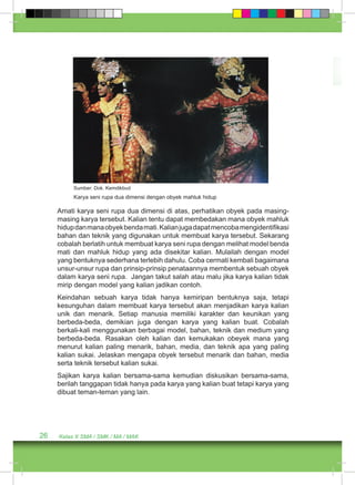 Sumber: Dok. Kemdikbud 
Karya seni rupa dua dimensi dengan obyek mahluk hidup 
Amati karya seni rupa dua dimensi di atas, perhatikan obyek pada masing-masing 
karya tersebut. Kalian tentu dapat membedakan mana obyek mahluk 
hidup dan mana obyek benda mati. Kalian juga dapat mencoba mengidentifikasi 
bahan dan teknik yang digunakan untuk membuat karya tersebut. Sekarang 
cobalah berlatih untuk membuat karya seni rupa dengan melihat model benda 
mati dan mahluk hidup yang ada disekitar kalian. Mulailah dengan model 
yang bentuknya sederhana terlebih dahulu. Coba cermati kembali bagaimana 
unsur-unsur rupa dan prinsip-prinsip penataannya membentuk sebuah obyek 
dalam karya seni rupa. Jangan takut salah atau malu jika karya kalian tidak 
mirip dengan model yang kalian jadikan contoh. 
Keindahan sebuah karya tidak hanya kemiripan bentuknya saja, tetapi 
kesunguhan dalam membuat karya tersebut akan menjadikan karya kalian 
unik dan menarik. Setiap manusia memiliki karakter dan keunikan yang 
berbeda-beda, demikian juga dengan karya yang kalian buat. Cobalah 
berkali-kali menggunakan berbagai model, bahan, teknik dan medium yang 
berbeda-beda. Rasakan oleh kalian dan kemukakan obeyek mana yang 
menurut kalian paling menarik, bahan, media, dan teknik apa yang paling 
kalian sukai. Jelaskan mengapa obyek tersebut menarik dan bahan, media 
serta teknik tersebut kalian sukai. 
Sajikan karya kalian bersama-sama kemudian diskusikan bersama-sama, 
berilah tanggapan tidak hanya pada karya yang kalian buat tetapi karya yang 
dibuat teman-teman yang lain. 
26 Kelas X SMA / SMK / MA / MAK 
 
