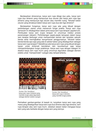 Berdasarkan dimensinya, karya seni rupa dibagi dua yaitu, karya seni 
rupa dua dimensi yang mempunyai dua ukuran dan karya seni rupa tiga 
dimensi yang mempunyai tiga ukuran atau memiliki ruang. Tahukah kalian 
ukuran yang dimaksud dalam karya seni rupa dua dan tiga dimensi? 
Berdasarkan fungsinya, karya seni rupa ada yang dibuat dengan 
pertimbangan utama untuk memenuhi fungsi praktis. Karya seni rupa 
semacam ini dikategorikan dalam jenis karya seni rupa terapan (applied art). 
Pembuatan karya seni (rupa) terapan ini umumnya melalui proses 
perancangan (desain). Pertimbangan aspek-aspek kerupaan dalam karya 
seni terapan berfungsi untuk memperindah bentuk dan tampilan sebuah 
benda serta meningkatkan kenyamanan penggunaanya. Tahukah kalian 
benda-benda apa saja yang ada di sekitar kalian yang dikategorikan sebagai 
karya seni rupa terapan? Sebaliknya ada karya seni rupa yang dibuat dengan 
tujuan untuk dinikmati keindahan dan keunikannya saja tanpa 
mempertimbangkan fungsi praktisnya. Karya seni rupa dengan kategori ini 
disebut karya seni rupa murni yang umumnya digunakan sebagai elemen 
estetis untuk ”memperindah” ruangan atau tempat tertentu. 
Seni Budaya 7 
Sumber: Dok. Kemdikbud 
karya seni rupa 2 dimensi yang 
memiliki fungsi pakai digunakan 
sebagai elemen estetis ruangan 
Sumber: Dok. Kemdikbud 
karya seni rupa 2 dimensi 
yang memiliki fungsi praktis 
Perhatikan gambar-gambar di bawah ini, tunjukkan karya seni rupa yang 
mana yang dikategorikan karya seni rupa dua dimensi atau tiga dimensi, seni 
rupa terapan atau seni rupa murni. Jelaskan alasan kalian mengapa karya 
seni yang satu berbeda dengan karya seni yang lainnya. 
 