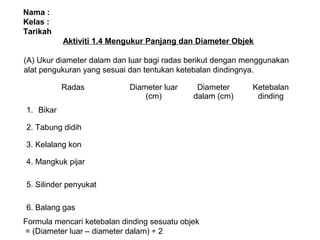 (A) Ukur diameter dalam dan luar bagi radas berikut dengan menggunakan
alat pengukuran yang sesuai dan tentukan ketebalan dindingnya.
Formula mencari ketebalan dinding sesuatu objek
= (Diameter luar – diameter dalam) ÷ 2
Nama :
Kelas :
Tarikah
Aktiviti 1.4 Mengukur Panjang dan Diameter Objek
Radas Diameter luar
(cm)
Diameter
dalam (cm)
Ketebalan
dinding
1. Bikar
2. Tabung didih
3. Kelalang kon
4. Mangkuk pijar
5. Silinder penyukat
6. Balang gas
 