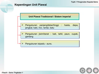 ITeach – Sains Tingkatan 1
Kepentingan Unit Piawai
Unit Piawai Tradisional / Sistem imperial
 Pengukuran panjang/lebar/tinggi : hasta, depa,
jengkal, kaki, inci, rantai, batu
 Pengukuran panjang/lebar/tinggi : hasta, depa,
jengkal, kaki, inci, rantai, batu
 Pengukuran jisim/berat : kati, tahil, paun, cupak,
gantang
 Pengukuran jisim/berat : kati, tahil, paun, cupak,
gantang
 Pengukuran isipadu - auns. Pengukuran isipadu - auns.
Topik 1 Pengenalan Kepada Sains
 