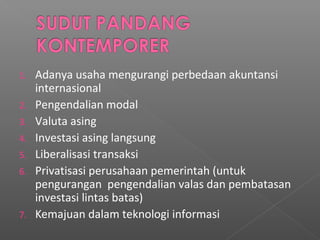 1. Adanya usaha mengurangi perbedaan akuntansi
internasional
2. Pengendalian modal
3. Valuta asing
4. Investasi asing langsung
5. Liberalisasi transaksi
6. Privatisasi perusahaan pemerintah (untuk
pengurangan pengendalian valas dan pembatasan
investasi lintas batas)
7. Kemajuan dalam teknologi informasi
 