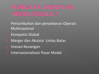 1. Pertumbuhan dan penyebaran Operasi
Multinasional
2. Kompetisi Global
3. Merger dan Akuisisi Lintas Batas
4. Inovasi Keuangan
5. Internasionalisasi Pasar Modal
 