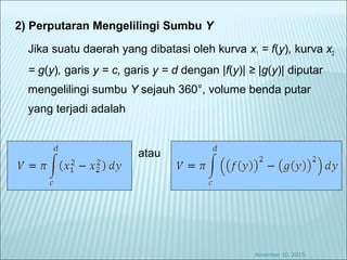 2) Perputaran Mengelilingi Sumbu Y
Jika suatu daerah yang dibatasi oleh kurva x1 = f(y), kurva x2
= g(y), garis y = c, garis y = d dengan |f(y)| ≥ |g(y)| diputar
mengelilingi sumbu Y sejauh 360°, volume benda putar
yang terjadi adalah
atau
November 10, 2015
 