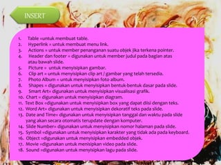 INSERT
1. Table =untuk membuat table.
2. Hyperlink = untuk membuat menu link.
3. Actions = untuk member penanganan suatu objek jika terkena pointer.
4. Header dan footer = digunakan untuk member judul pada bagian atas
atau bawah slide.
5. Picture = untuk menyisipkan gambar.
6. Clip art = untuk menyisipkan clip art / gambar yang telah tersedia.
7. Photo Album = untuk menyisipkan foto album.
8. Shapes = digunakan untuk menyisipkan bentuk-bentuk dasar pada slide.
9. Smart Art= digunakan untuk menyisipkan visualisasi grafik.
10. Chart = digunakan untuk menyisipkan diagram.
11. Text Box =digunakan untuk menyisipkan box yang dapat diisi dengan teks.
12. Word Art= digunakan untuk menyisipkan dekoratif teks pada slide.
13. Date and Time= digunakan untuk menyisipkan tanggal dan waktu pada slide
yang akan secara otomatis terupdate dengan komputer.
14. Slide Number= digunakan untuk menyisipkan nomor halaman pada slide.
15. Symbol =digunakan untuk menyisipkan karakter yang tidak ada pada keyboard.
16. Object =digunakan untuk menyisipkan embedded objek.
17. Movie =digunakan untuk menisipkan video pada slide.
18. Sound =digunakan untuk menyisipkan lagu pada slide.
 