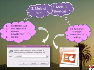 3. Melalui
Shortcut
Klik 2x shortcut
Microsoft
PowerPoint di
desktop.
2. Melalui
Run
1. Klik tombol Start
2. Pilih Menu Run
3. Ketikkan
POWERPOINT
4. Klik OK.
 
