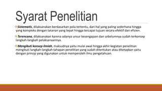 Syarat Penelitian
Sistematis, dilaksanakan berdasarkan pola tertentu, dari hal yang paling sederhana hingga
yang kompleks dengan tatanan yang tepat hingga tercapai tujuan secara efektif dan efisien.
Terencana, dilaksanakan karena adanya unsur kesengajaan dan sebelumnya sudah terkonsep
langkah-langkah pelaksanaannya.
Mengikuti konsep ilmiah, maksudnya yaitu mulai awal hingga akhir kegiatan penelitian
mengikuti langkah-langkah tahapan penelitian yang sudah ditentukan atau ditetapkan yaitu
dengan prinsip yang digunakan untuk memperoleh ilmu pengetahuan.
 