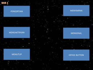 PENGERTIAN
MENGAKTIFKAN MENGENAL
MENUTUP OFFICE BUTTON
MENYIMPAN
 