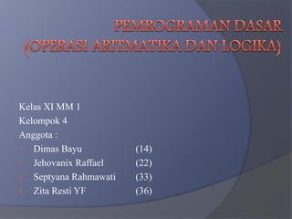 Kelas XI MM 1
Kelompok 4
Anggota :
1. Dimas Bayu (14)
2. Jehovanix Raffael (22)
3. Septyana Rahmawati (33)
4. Zita Resti YF (36)
 